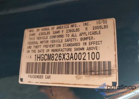 2003 Honda Accord 3.0 Ex from USA, damaged, VIN 1HGCM826X3A002100